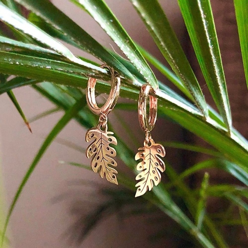 14K Gold Plated Tropical Leaf Huggie Earrings, Beach Jewelry, Hoop Earrings
